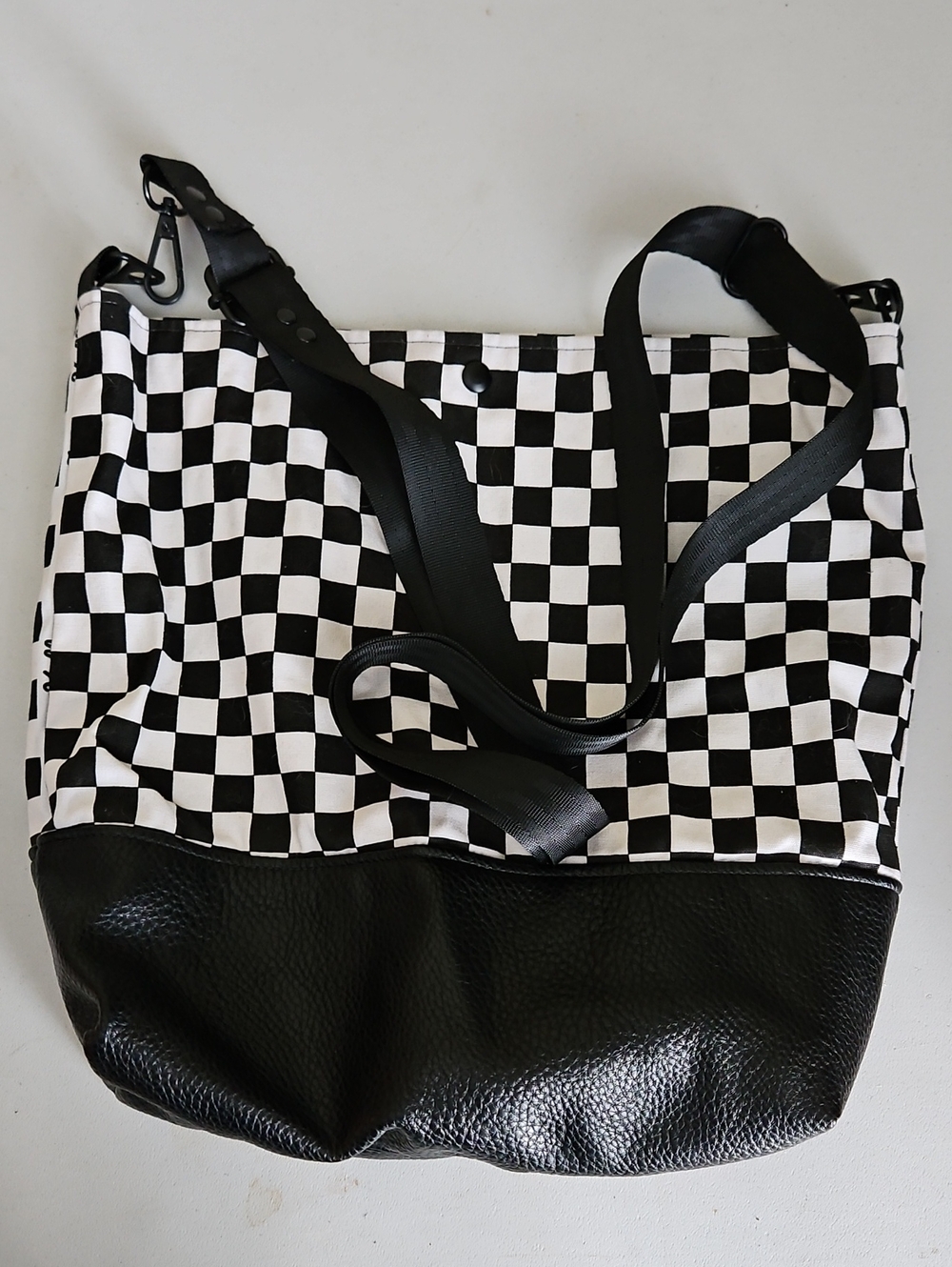 Checkerboard Tote Bag with Black Faux Leather Trim